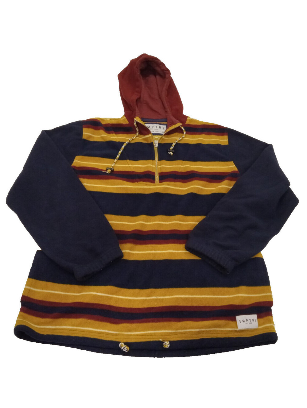 Empyre Hoodie Mens Large Striped Fleece Quarter Zip Burgundy Navy Mustard L